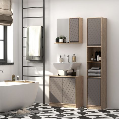 Armario de baño de madera que ahorra espacio, mueble de baño con 2 armarios y estantes ajustables, diseño de columna, 30x24x170 cm, gris y roble.