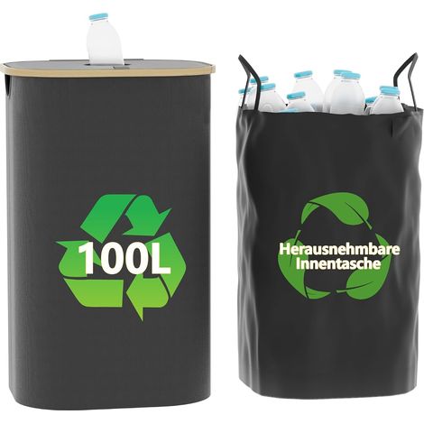 Bac de Récupération 100L Pliable avec Couvercle, 1 Sac de Rangement Inclus, Bac de Tri pour Verre, Canettes et Bouteilles Consignées, Tissu Oxford 600D, Lavable et Réutilisable (1/5)