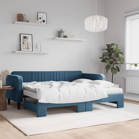 Lit Adulte，Lit de jour avec lit gigogne et matelas，Lit coulissant bleu 90x200 cm velours CIV232442
