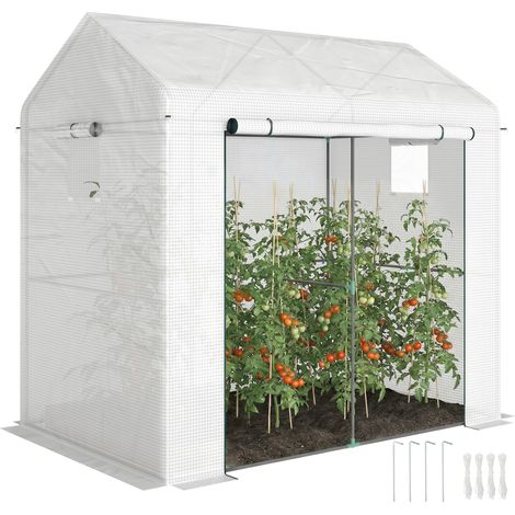 Outsunny Walk-in Greenhouse, Green House with Mesh Windows, White