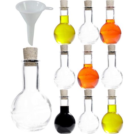 Viva Haushaltswaren Tulipano - 10 bottigliette in Vetro con Tappo in Sughero, 100 ml, Idea Regalo per Gli Ospiti, con Imbuto del Diametro di 5 cm (1/4)