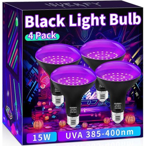 Ampoule LED BR30 à lumière noire 15W, lot de 4, culot E26, 385-400 nm, projecteur UV pour soirées fluo et décoration d'Halloween, compatible avec un variateur Cette lampe à lumière (1/5)