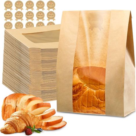 50 Papierbrottüten mit Sichtfenster – Backbeutel – Brottüten – Papierbrottüten – Wiederverwendbare Brottüten – Zur Aufbewahrung von Keksen und Snacks – Papier – Gelb (1/5)