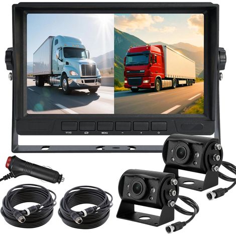 Caméra de recul AHD 1080p pour véhicule et camion avec moniteur à 2 écrans divisés de 17,8 cm, 2 caméras de recul étanches à vision nocturne avec câble de 15 m pour semi-remorque, camping-car, 12 V-24 (1/5)