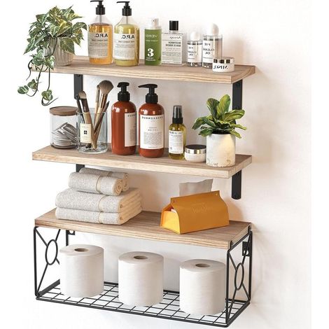 Lot de 3 Étagères Murales en Bois Rustique avec Paniers en Fil Métallique pour Salle de Bain, Cuisine, Salon et Bureau (1/4)