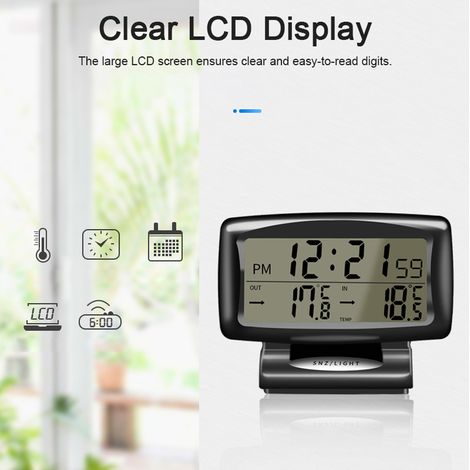 Orologio/termometro digitale 2 in 1 per auto, misuratore di temperatura con display LCD retroilluminato, commutazione 12H/24H per uso interno ed esterno, casa, ufficio, veicolo