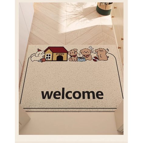 Tapis d'entrée en soie bouclée, épais pour retenir le sable et la boue, antidérapant et antitache, idéal pour la maison - Motif Happy Puppy horizontal - 80 x 120 cm