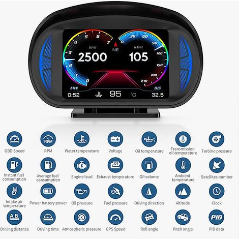 Affichage tête haute (HUD) LCD pour voiture, lecture de code, vitesse OBD2, instrument multifonction double mode.
