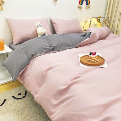Housse de couette unie en coton lavé, chaude et respirante, avec taie d'oreiller et drap-housse, rose, 1,5m, lot de 4 pièces (1/5)
