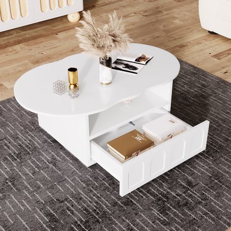 Mesa de centro de diseño «Nube Blanca» con cajón de líneas curvas y estante abierto —100 x 60 x 40,5 cm (1/5)