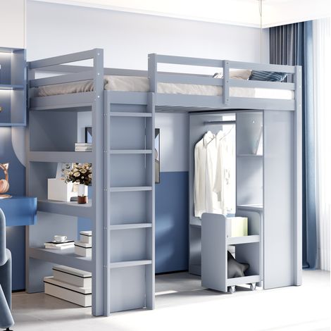 Lit mezzanine en bois gris 90x200 cm avec rangements, étagères, penderie et trolley amovible (1/5)