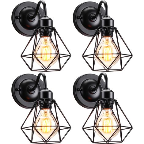 Rétro Applique Mural Industrielle Cage Diamant E27 Lampe Eclairage Décor Noir 4PCS (1/5)