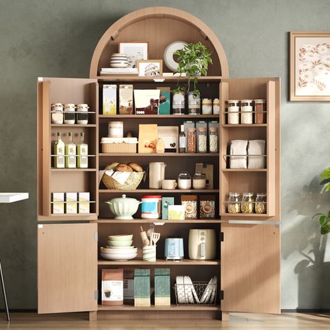 Armadio vetrina 80x40x180 cm naturale in MDF con ante, ripiani e vano aperto ad arco (1/5)