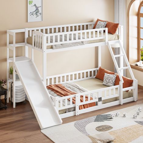 Lit superposé, lit enfant, pin, sans matelas, plusieurs étagères, lit double, blanc, 90x200cm + 140x200cm, avec toboggan (1/5)