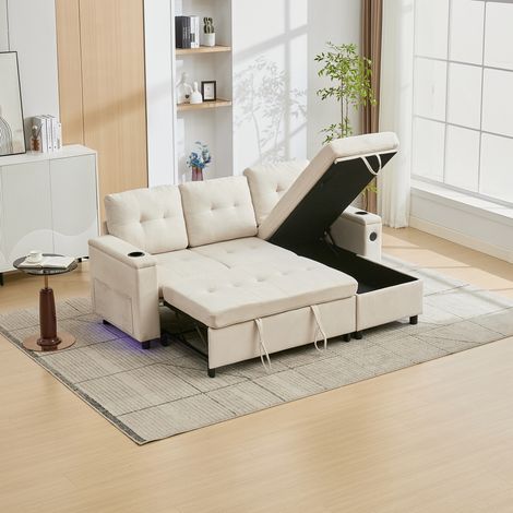 Divano letto angolare a 3 posti, pieghevole con contenitore nascosto, illuminazione LED controllabile, USB/Type-C, 208x146x89,5 cm, tessuto beige