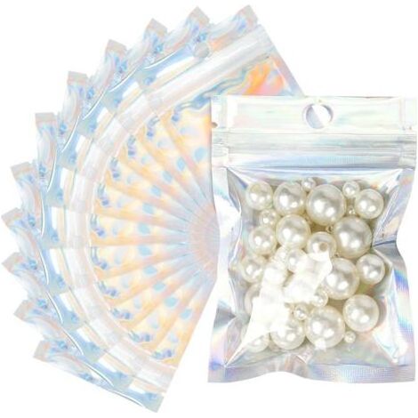 G2PLUS Lot de 100 sachets en aluminium refermables, sachets plastiques refermables, sachets en aluminium 9 x 12 cm, adaptés au stockage et à l'emballage des aliments - blanc pailleté (1/4)