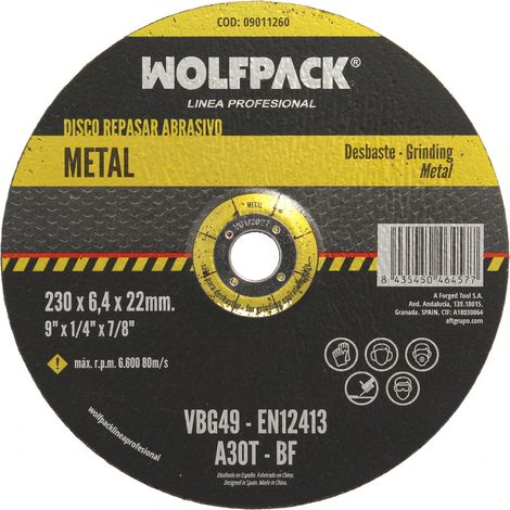 WOLFPACK LINEA PROFESIONAL Disco Repasar Abrasivo Ø 230 x Ø 22 mm. Espesor 6,4 mm. Disco Radial/Amoladora Universal Compatible Con Todas Las Amoladoras (1/4)
