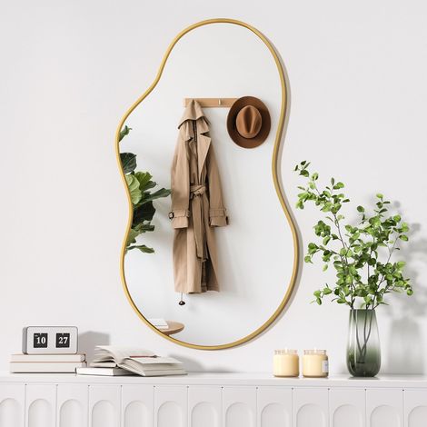 Miroir Mural irrégulier, Miroir asymétrique, 50 x 90 cm, Miroir décoratif pour Chambre, Salle de Bain, Salon, entrée. Décoration Murale Moderne, Cadre doré. (1/5)