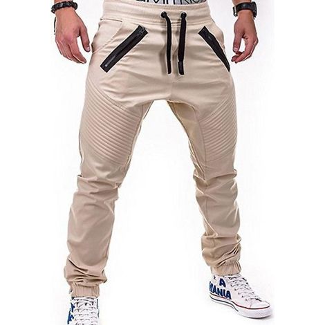 Pantalon de jogging cargo homme, taille élastique à cordon, beige, taille M (1/2)
