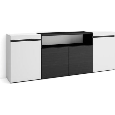 Skraut Home – Buffet moderne 200x35x75cm – 4 portes – Meuble de rangement blanc et noir – Grand espace de stockage avec veinage bois (1/5)