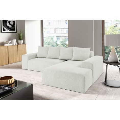 Tendencio – Canapé d'angle Modula 4 places en tissu bouclette blanc cassé – Longueur 250 cm – Confort optimal pour salons modernes