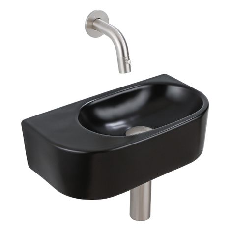 QeramiQ Fuente Ensemble de Lavabo - 40x21.5x12cm - lisse - demi-rond - céramique - ensemble de robinet en acier inoxydable brossé - bouchon de vidange
