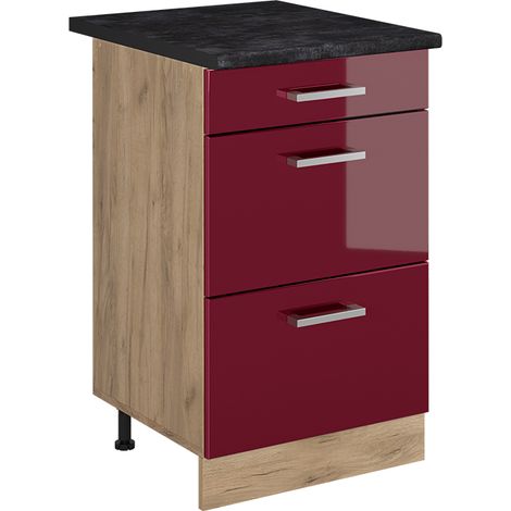 Mobiletto base per cucina R-Line, Rosso lucido/Rovere dorato, 50 cm piano di lavoro Antracite, Vicco (1/5)