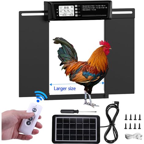 Grande porta automatica per pollaio con timer e sensore di luce, funzione anti-pizzicamento intelligente, schermo LCD programmabile e telecomando, alimentazione solare e due metodi (1/4)