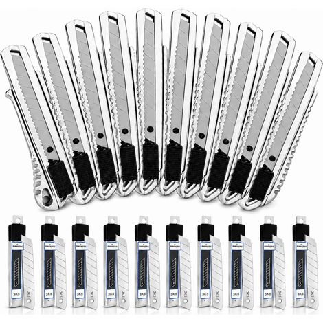 Lot de 10 cutters 18 mm + 100 lames sécables professionnelles en aluminium pour bricolage et commerce, robustes et ultra tranchantes, avec 100 lames sécables SK5 (1/5)