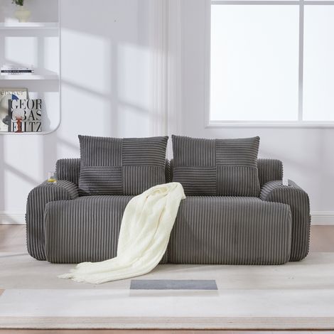 Canapé modulaire en velours côtelé 2 places, combinable librement, emballé sous vide avec porte-gobelets et poche latérale de rangement, idéal pour salon et salle familiale, gris foncé (1/5)