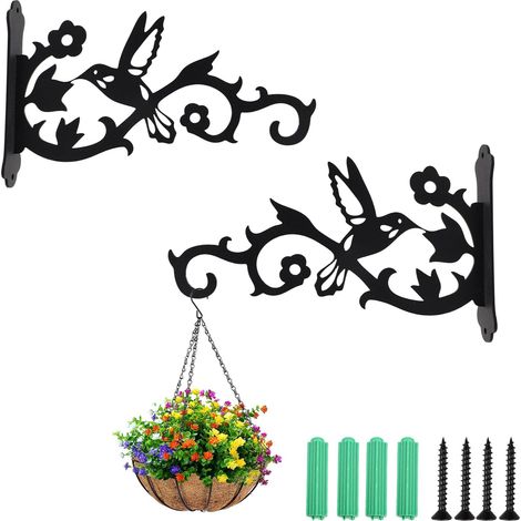 Set di 2 ganci per piante, supporto da parete, 2013 cm, in ferro, con scultura di fiori e uccelli, decorazione, adatto per vasi di fiori, lampade e lanterne.
