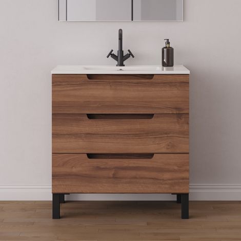 Meuble de salle de bain 60cm simple vasque - sans miroir - 3 tiroirs - noyer (bois foncé) - RIZA (1/5)