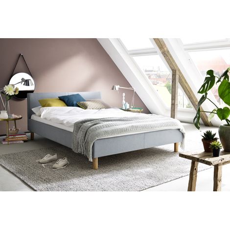 Meise Möbel Kinderbett Lena 120x200 cm Bettgestell Kopfteil glatt Webstoff Eisblau Holzfuß eichefarbig (1/5)