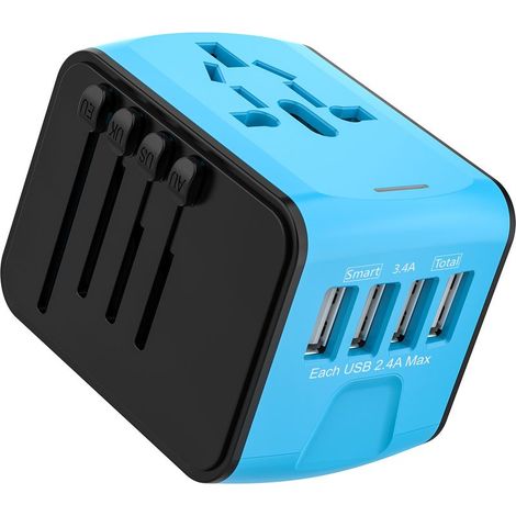 Reiseadapter, Universal-Steckeradapter mit 4 USB-Anschlüssen und Netzstecker, Steckeradapter für Frankreich, Großbritannien, Deutschland, Thailand, Italien, Australien, China und Japan (1/4)