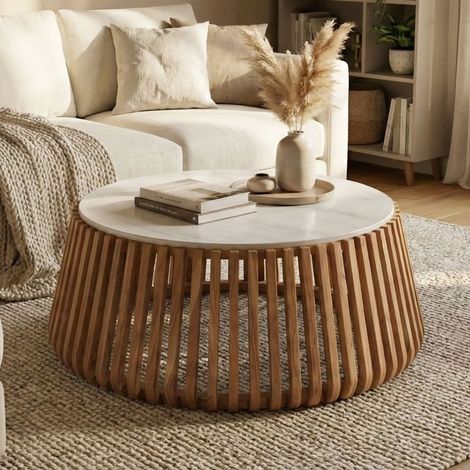 Table basse 104x104x42cm en acacia et marbre blanc (1/5)