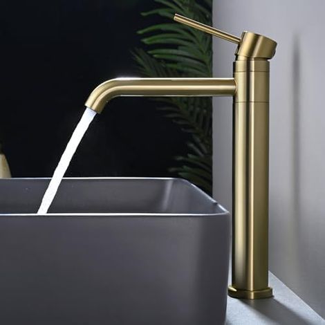 Robinet mitigeur de lavabo pivotant à 360°, en acier inoxydable, hauteur de bec 204 mm, réglable eau chaude et froide-Doré brossé