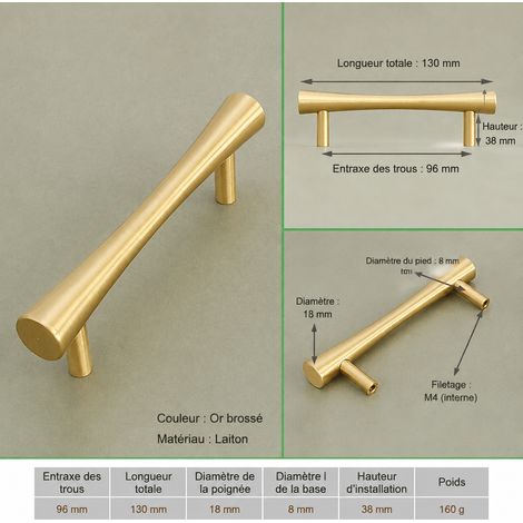 Poignée de meuble en laiton doré T2917 à 2 trous, entraxe 96 mm t2917 96 130 13 × 1,8 × 3,5 cm 160 g – Livraison gratuite