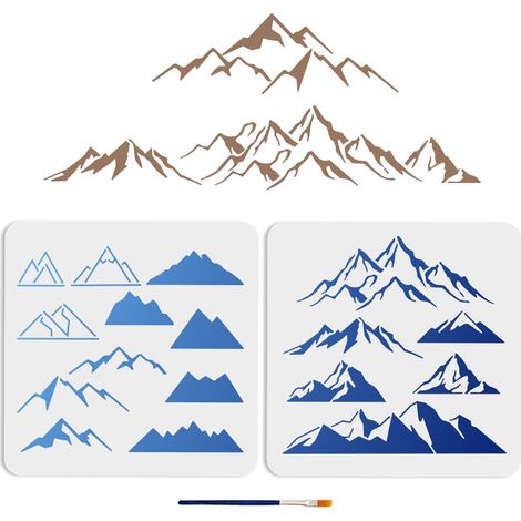 Lot de 2 Pochoirs de Montagne 30 x 29 cm - Planaires et Tridimensionnels Avec Pinceau de Peinture - Pour Nature, Sommets, Escalade - Modèle de Dessin Pour Tissu, Murs (1/5)