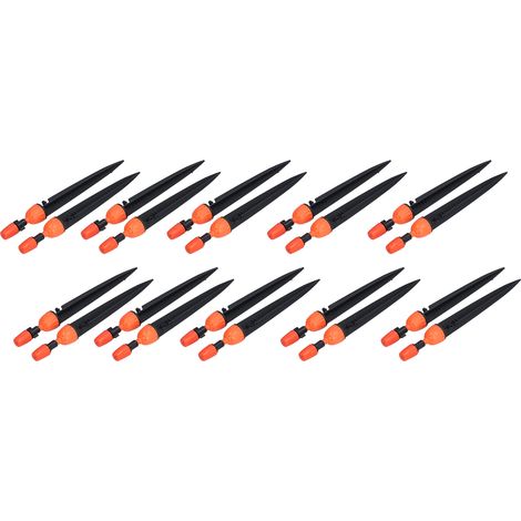 Packung mit 20 verstellbaren orangefarbenen Sprinklerköpfen, die Sprüh- und Tropffunktion kombinieren, mit Stoppfunktion, ideal für die Gartenbewässerung. (1/5)