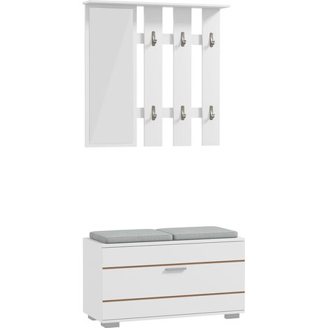 Meuble d'entrée blanc avec porte-manteau, miroir, banc avec coussins et meuble à chaussures pour 8 paires, 120x35x190 cm