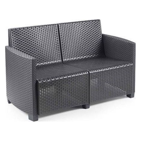 Dmora Indoor- und Outdoor-Lounge bestehend aus: 2 Sesseln, 1 Zweisitzer-Sofa und 1 Couchtisch mit 4 Kissen, Made in Italy, Farbe Anthrazit (1/4)