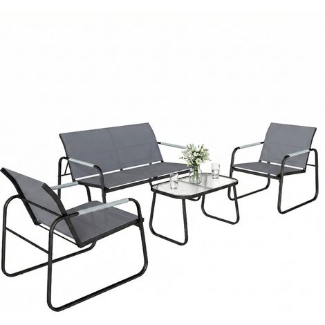 Gartenmöbelset, 4-teiliges Terrassen-Set aus Stahl und Textilene mit geflochtenen Seilarmlehnen, Grau