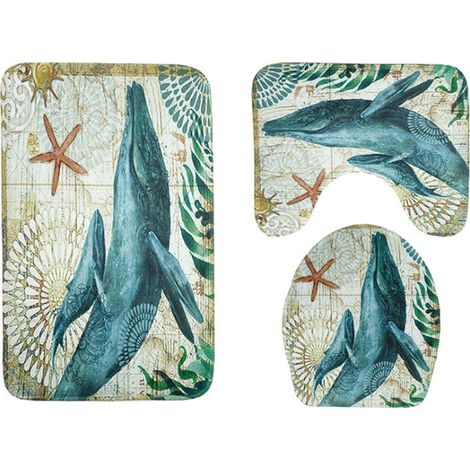 Kit de 3 tapis de toilette antidérapants pour salle de bain, motifs tortue, pieuvre, baleine et hippocampe. (1/5)