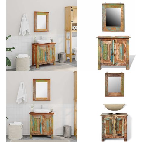 Ensemble meuble sous vasque et miroir en bois massif recyclé (1/5)