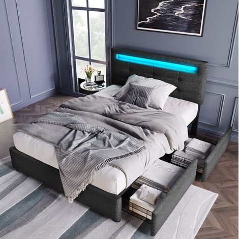 Polsterbett 90x200 cm Grau mit LED und 2 Schubladen, platzsparend, ohne Matratze – MEUBLIV (1/5)