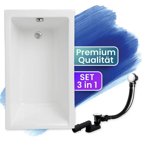 Badewanne Rechteck 100x70, Ablaufgarnitur & Füßen GRATIS - Komplettset 3in1 Original Acryl Wanne Premium Siphon - Made in EU - BADLAND CAPRI (1/5)