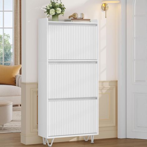 Meuble à Chaussures, Armoire à Chaussures avec 3 Abattants, 16-18 Paires, Séparateur Réglable, Porte Ondulé pour Entrée, Couloir, Poignée Argent, 24 x 60 x 146,5 cm, Blanc et Argent (1/5)