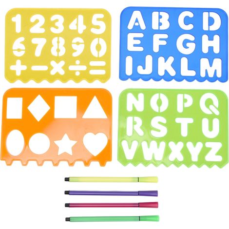 Kit de pochoirs pour enfants avec chiffres, lettres et formes - Règle, stylo et papier blanc inclus - Outil éducatif créatif (1/5)