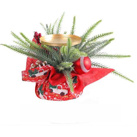 Bougeoir de Noël P1-33 décoratif rouge avec baies et pomme de pin pour ambiance festive sapin (1/5)