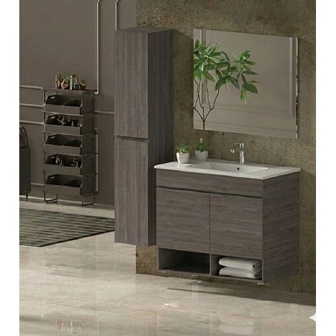 Badmöbel Set NEBARI Vormontiert 2 türen, Waschbecken und Spiegel Eiche smoky 60x35 cm mit Hochschrank